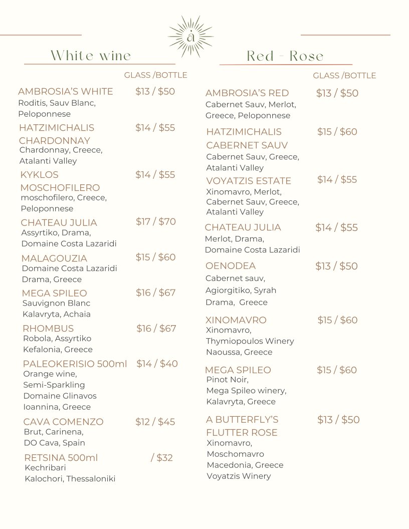 Menu page with Greek dishes and white wine.