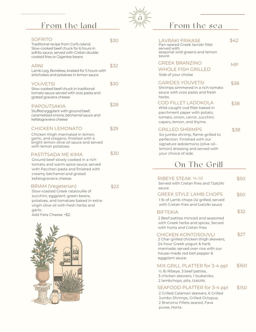 Printed menu featuring mezze and grilled plates.