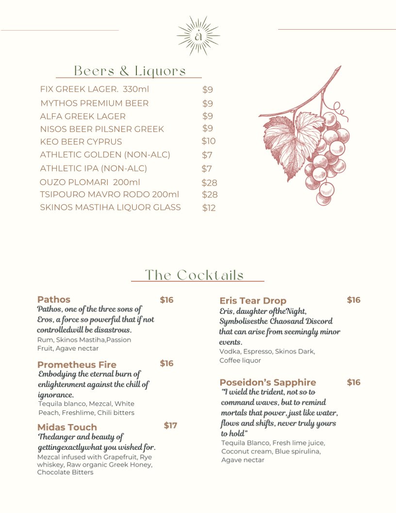 Food menu layout with salads, seafood, and grill items.